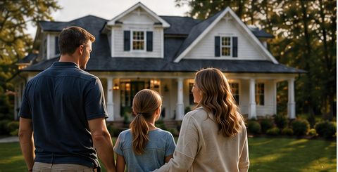 Family viewing a premium residential exterior in warm natural light