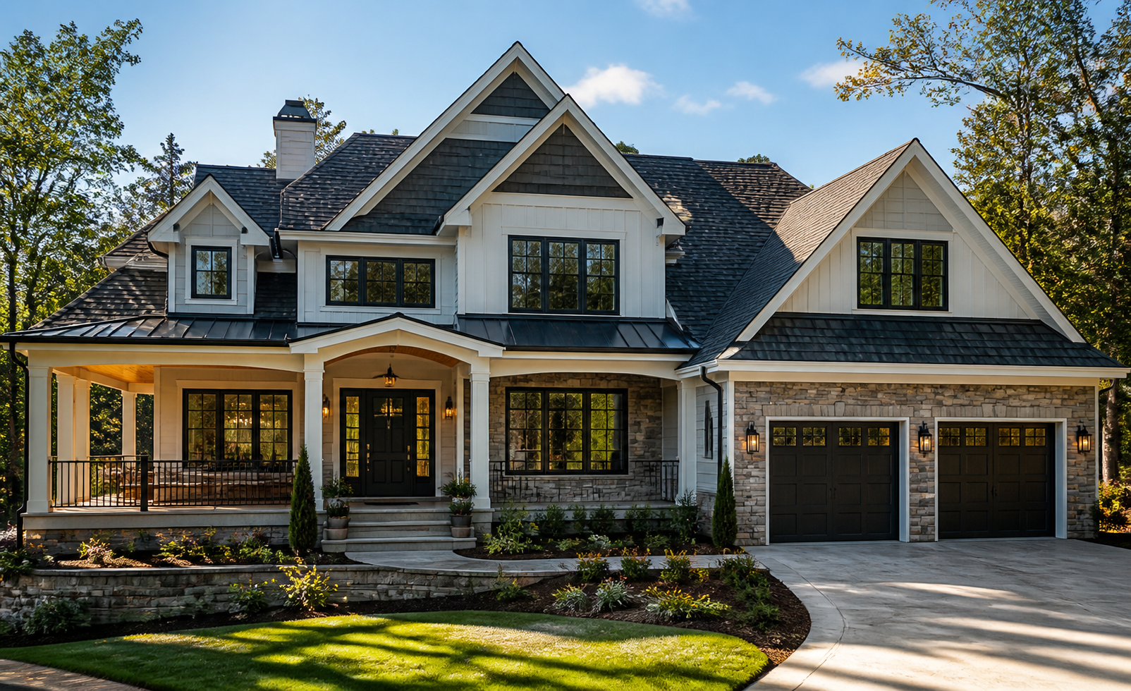 Premium residential home exterior with dark roofing and stone facade