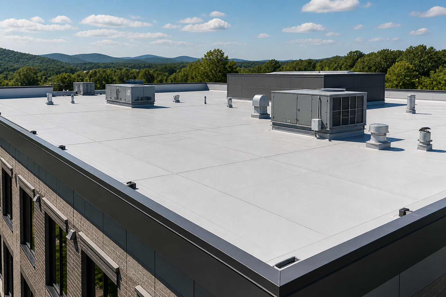 Professional low-slope commercial roofing system with membrane and rooftop details