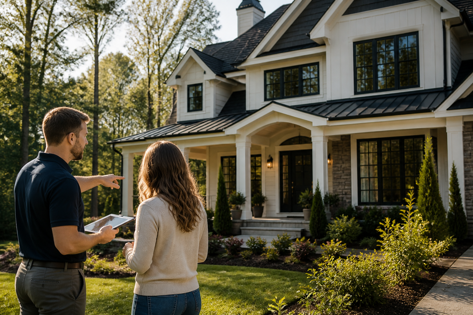 Homeowner and exterior specialist reviewing a home exterior during an assessment