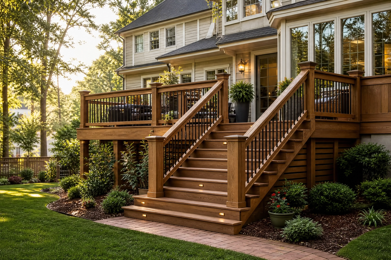 Premium wood deck and staircase inspiration with warm evening lighting
