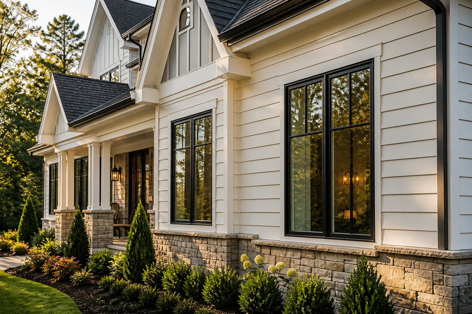 Premium siding and trim detail on a refined residential exterior