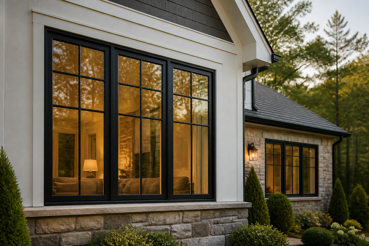 Premium replacement windows with refined trim on an upscale residential exterior
