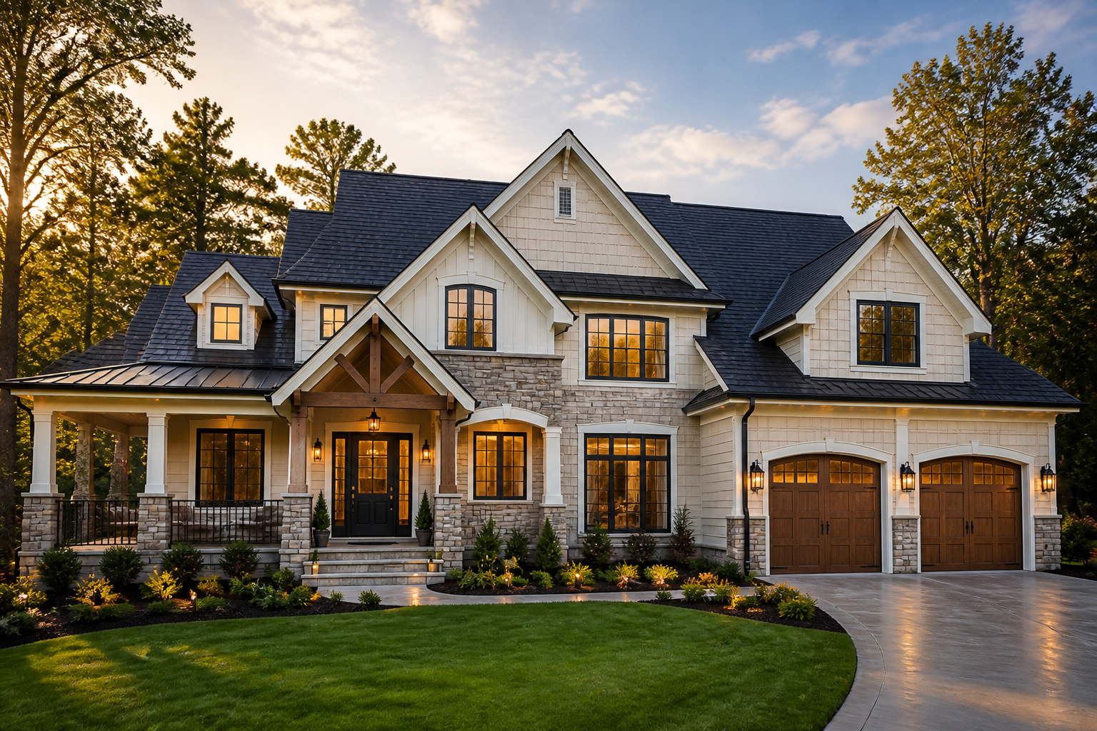 Premium full exterior inspiration with coordinated roof, windows, siding, stone, and landscaping