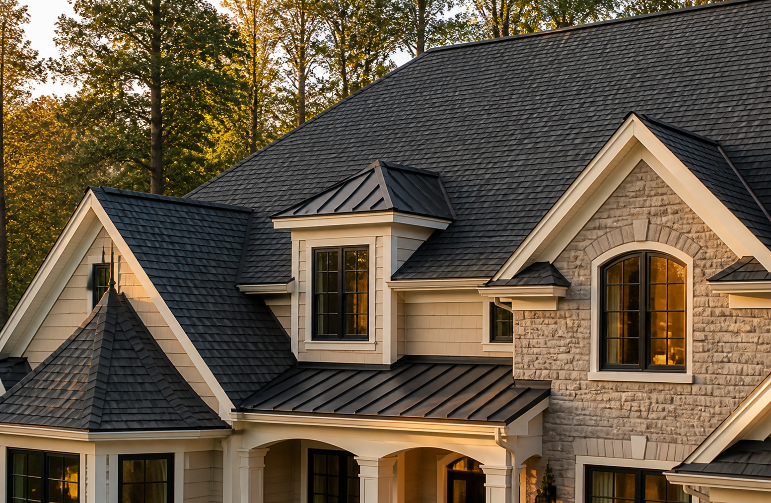 Premium residential roofing inspiration with layered rooflines and warm natural light