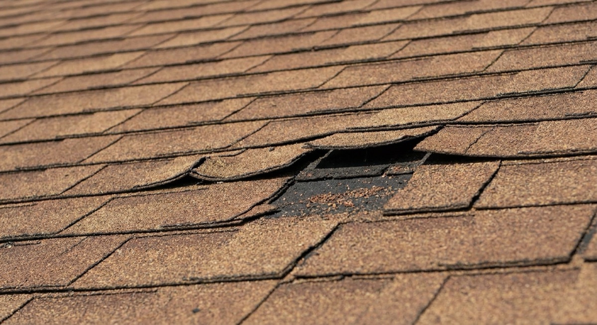 Curling, cracked, and missing shingles on a worn residential roof